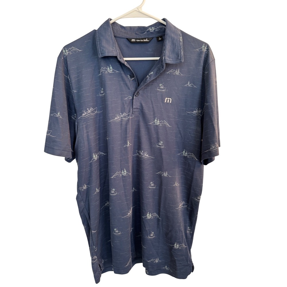 TravisMathew Polo Mens Large Blue Lake Life Boat Print Pima Cotton‎ Blend Golf